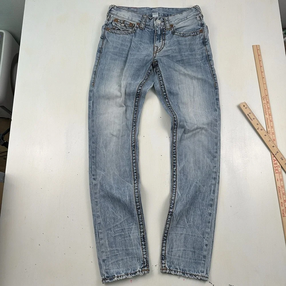 True Religion Slim Fit Jeans Men 29x34 Blue‎ Distressed Flap Pockets Light Wash